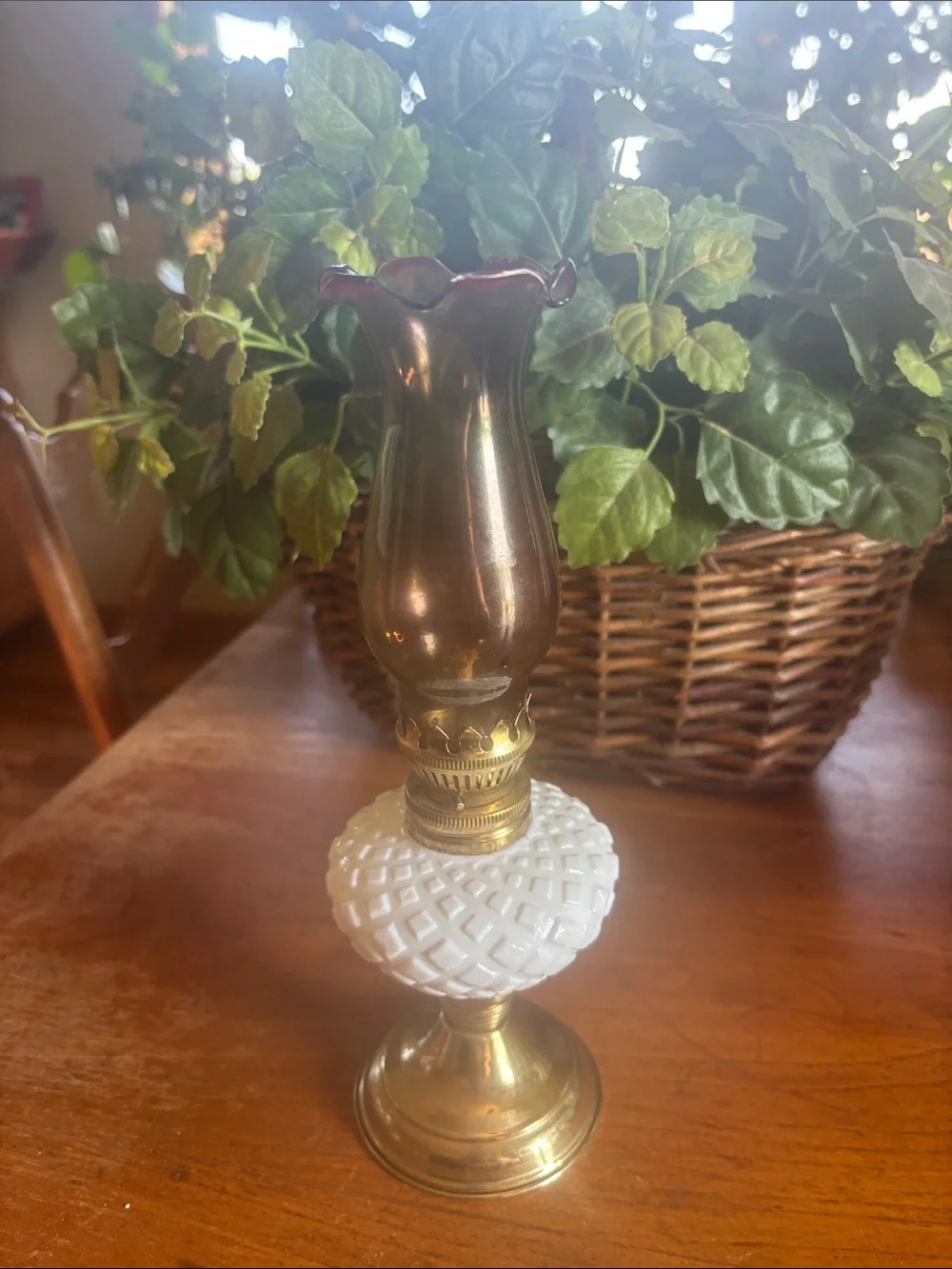 Vintage diamond design milk glass with brass tone base hurricane mini oil lamp